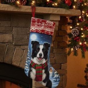 May include: Christmas stocking featuring a Border Collie wearing a scarf, set against a snowy night scene. The top of the stocking has a red and white knit pattern. The stocking hangs from a stone fireplace, decorated with festive greenery and lights.