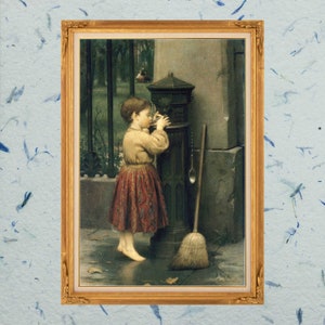 May include: A framed painting of a young girl in a red and white dress standing in front of a vintage mailbox. She is holding a small object in her hand and looking at it. The mailbox is made of metal and has a decorative design. The painting is set against a backdrop of a garden with trees and foliage.