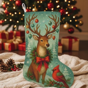 Reindeer & Cardinal kerstsok kruissteekkaart (pdf-patroon, compatibel met patroonhouder)