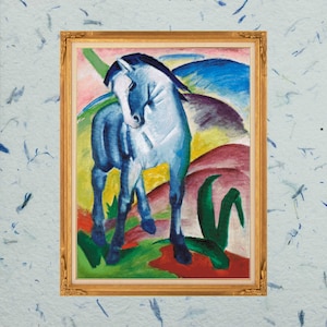 May include: A painting of a blue horse standing in a field of green grass. The horse is painted in a stylised, abstract style with bold colours and brushstrokes. The background features a landscape with hills and a blue sky.