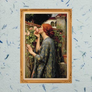 May include: A painting of a woman in a blue and gold patterned robe, smelling a pink rose in a garden setting.