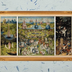 May include: A triptych painting depicting a lush garden with a fountain and many figures, a scene of paradise, and a dark, chaotic scene with many figures and animals. The painting is framed in a gold frame.