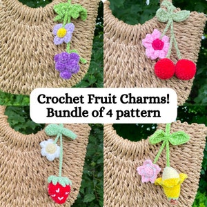 Crochet pattern: Fruit charms bundle of 4| car mirror hangers| bag charm| crochet accessories| grapes| cherry| banana| strawberry|