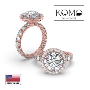 Royal Lab Diamond Engagement Ring 1 2 3 4 5 Carat Round Diamond, IGI Certificate, Solid 14k Rose Gold, Eternity Halo Unique Ring by KOMO