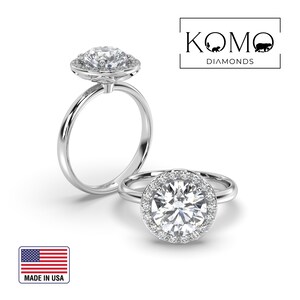 Lab Diamond Engagement Ring by KOMO, 1 2 3 4 5 Carat Round Diamond, IGI Certificate, Solid 14k White Gold, 4 Prong Setting
