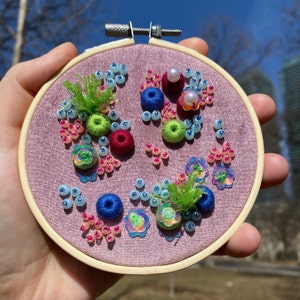 Abstract embroidered hoop, beaded embroidery art, modern wall hanging, home decor, gift for her, gift for mum, 3d embroidery w glass beads