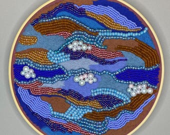 Abstract Beaded Embroidery Wall Art - 7" Mixed Media Fiber Art Hoop - Modern Home Decor - Handmade Gift for Her Unique Textile Wall Hanging