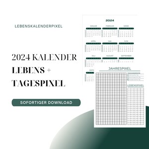 Puede incluir: Un calendario en blanco y negro de 2024 con un esquema de color verde y blanco. El calendario incluye un calendario mensual para cada mes del año, un rastreador anual y una sección para "Lebens" y "Tagespixel".