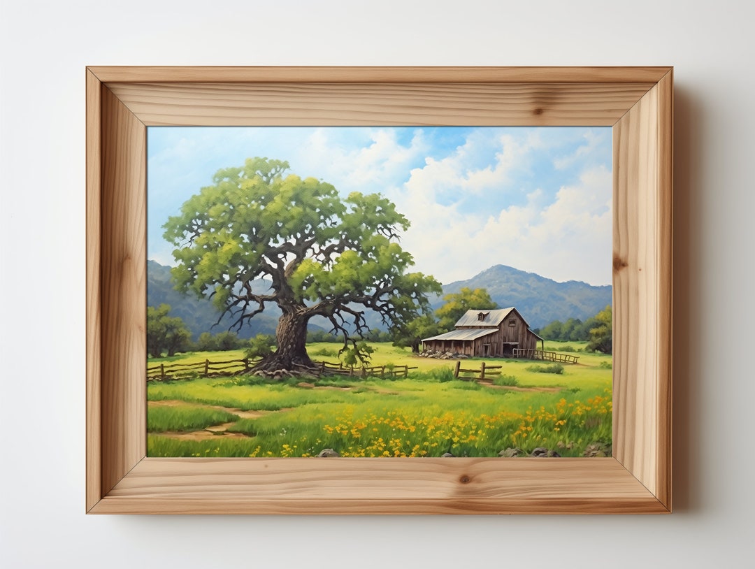 Oak Arkwork Oak Tree in Wildflower Meadow With Barn Artwork Print Digital Download ...