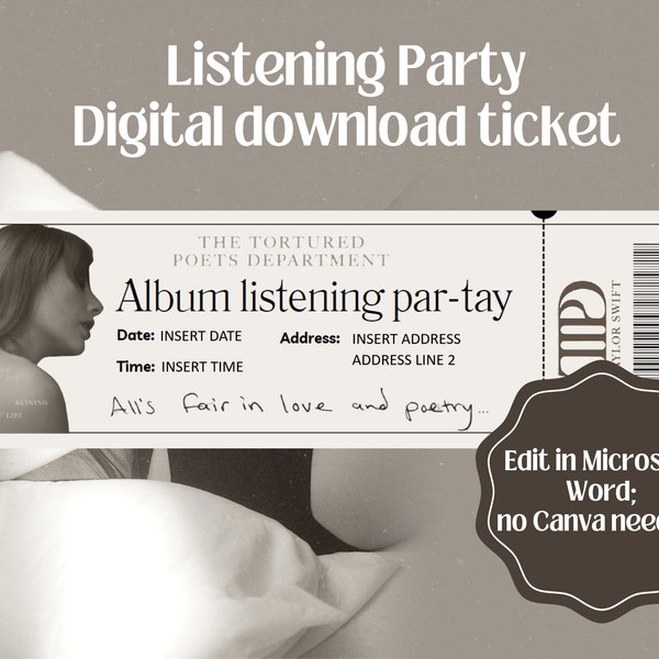 Taylor Swift The Tortured Poets Department Ticket Invitation | TTPD Album Listening Party Printable Ticket Invitation | TTPD Release Party