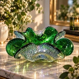 Könnte beinhalten: Eine dekorative Glasschale in leuchtendem Smaragdgrün mit einer gesprenkelten, metallisch silbernen Innenseite. Die Schale hat einen breiten, gewellten und geschwungenen Rand mit einer glatten, polierten Oberfläche und einer durchscheinenden Optik.