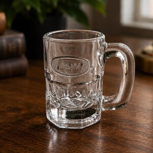 May include: A clear glass mug featuring a thick handle and a textured base with a geometric pattern. The front of the mug displays an embossed oval logo with the text A&W centred within it. The glass is transparent with a smooth rim and base.