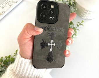 Chrome Hearts Gothic Y2K Cross Leather iPhone Case, Grunge halloween Phone Case, Goth Protective Phone Cover a prueba de golpes, Funda de teléfono celular