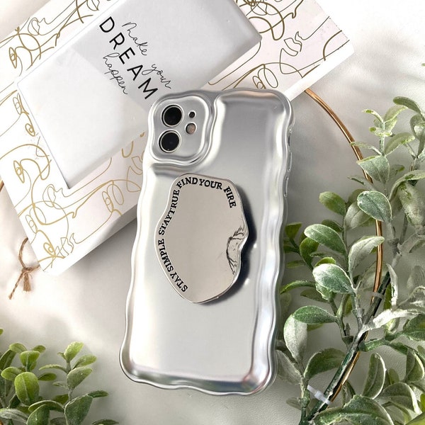 Stylish Mirror Aesthetic Metal Phone With Phone Grip Holder, Unique iPhone Case with shiny metal Phone Strap Stand, Minimalist Cover