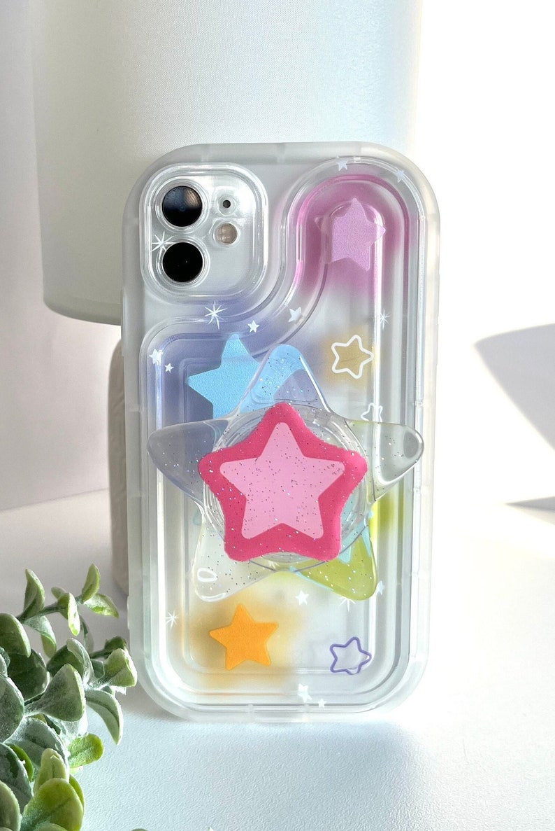 Aesthetic Y2K Star Print Phone Case With Glitter Stand Grip Holder ...