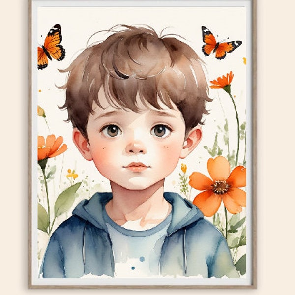 Printable watercolor boy with Flowers and Butterfly, High-Quality Art for Kids' Bedrooms and Nurseries