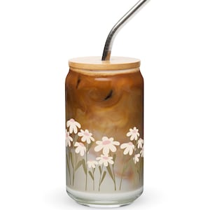 Daisy Can Shaped Glass Cup, Iced Coffee Cup, Glass Coffee Cup with Bamboo Lid and Metal Straw, 16oz Beer Can Glass Cup, Coffee Lover Gift