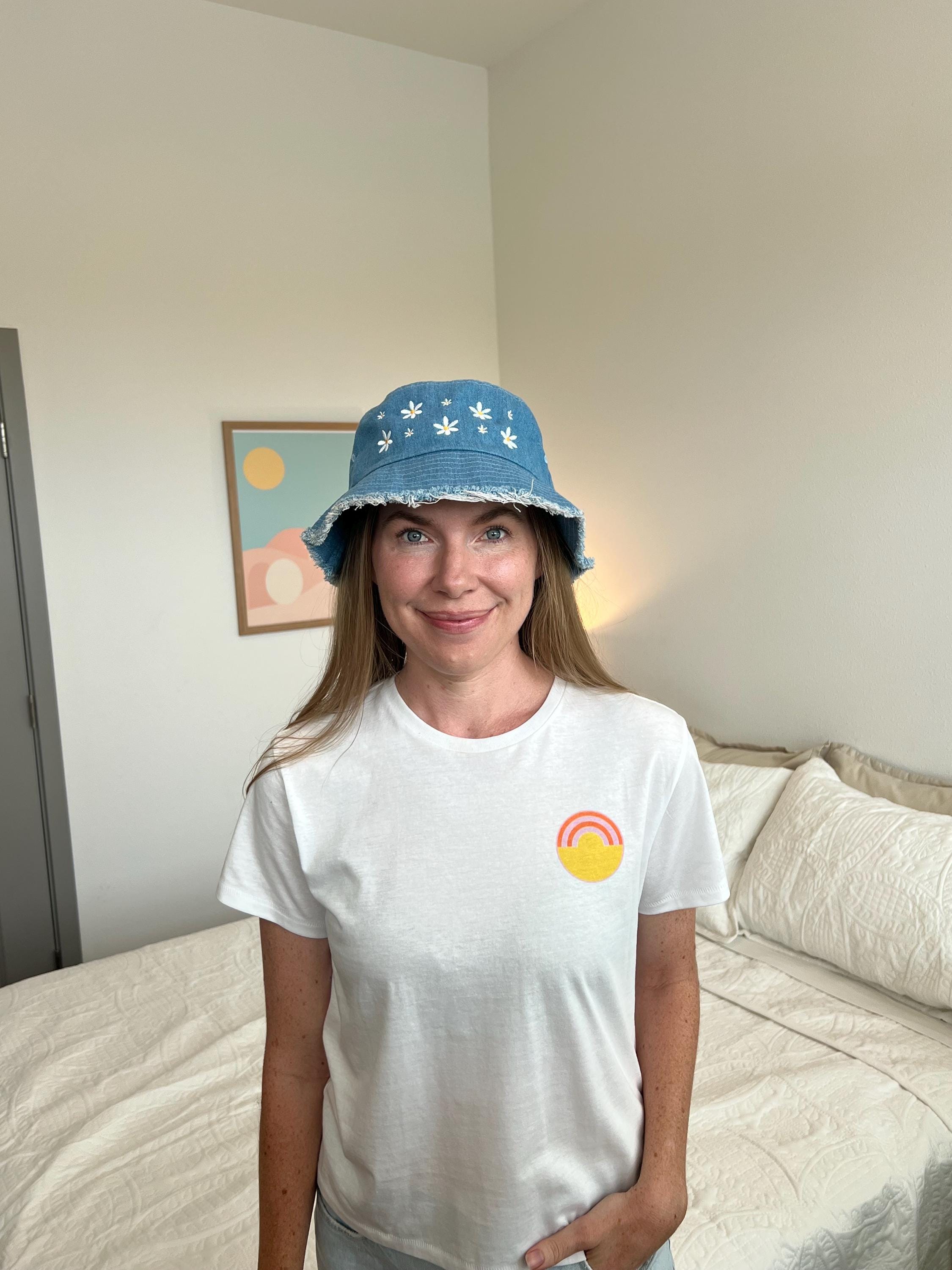 Boho Daisy Embroidered Denim Jean Bucket Hat Floral Embroidery Denim Cowboy Hat, Sunflower Embroiderey  main image 3