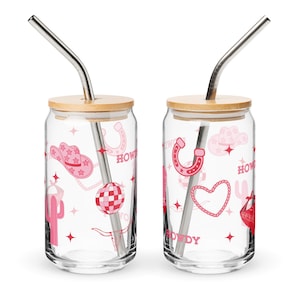 Pink Cowgirl Can-Shaped Glass Cup with Bamboo Lid and Metal Straw,Western Inspired Iced Coffee Glass,Western Glass Tumbler,Gift For Cowgirl