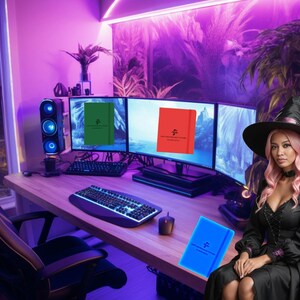 May include: A woman wearing a black witch costume and a black witch hat sits in front of a computer desk with three monitors. The monitors display three different colored notebooks with the text "The Witch's Grimoire" on the cover. The notebooks are green, red, and blue.