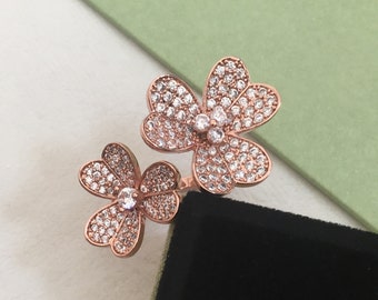 Handmade Four Leaf Clover Ring Jewelry 18K Rose Gold Ring Lucky Ring Double Flower Ring Vintage Diamond Ring Valentine Gift Size:7/8