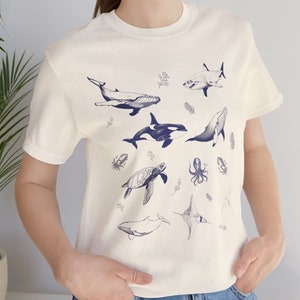 Octopus Tee Killer Whale T-Shirt, Marine Life Tee with Beluga Whale Drawing, Christmas Gift for Marine Biologist, ocean themed gifts for him