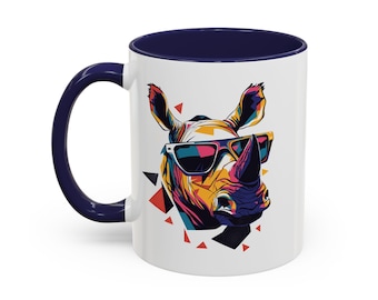 Geometric Rhino Mug with Sunglasses, Wildlife Coffee Cup