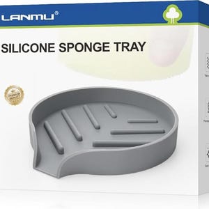 May include: A gray silicone sponge tray with the text "SILICONE SPONGE TRAY" and the brand name "LANMU" on the packaging. The tray has a curved design with raised ridges for drainage. The packaging also features icons and the words "Premium Quality".