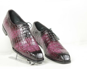 Handmade Purple Color Genuine Alligator Textured Leather Stylish Oxfords Lace Up Dress Shoes For Men's With Beautiful Wooden Box