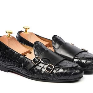 Handmade Black Color Genuine Alligator Textured Cow Leather Stylish Belgian Monk Strap Slip On Loafers Dress Shoes With Beautiful Wooden Box