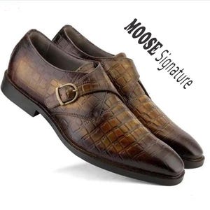 Handmade Olive Green Color Genuine Alligator Textured Calf Leather Single Monk Strap Stylish Dress Shoes For Men&#39;s With Beautiful Wooden Box