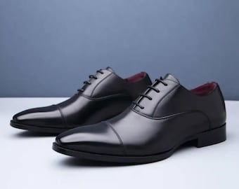 Handmade Black, Tan Color Genuine Leather Cap Toe Stylish Oxfords Dress Shoes For Men's With Beautiful Wooden Box