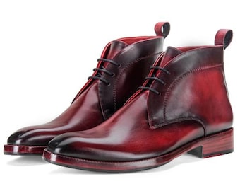 Handmade Wine Red Color Genuine Calf Leather Half Ankle Stylish Lace Up Chukka Boots With Beautiful Wooden Box