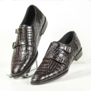 Handmade Chocolate Color Genuine Alligator Textured Leather Stylish Double Monk Strap Dress Shoes For Men&#39;s With Beautiful Wooden Box