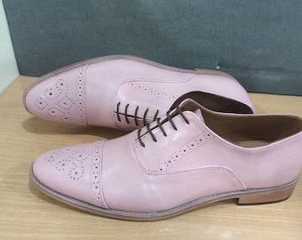 Handmade Baby Pink Color Genuine Leather Cap Toe Brogues Stylish Oxfords Dress Shoes With Beautiful Wooden Box