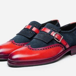 Handmade Red, Blue & Black Color Genuine Calf Leather and Suede Stylish Wing Tip Slip-On Kiltie Monk Strap Shoes With Beautiful Wooden Box