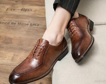 Handmade Dark Tan Color Genuine Leather Apron Toe Black Shaded Stylish Oxfords Dress Shoes