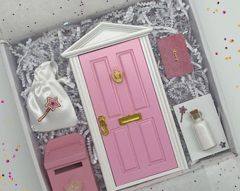 SET FÉE DES DENTS (rose), kit fée, poussière de fée des dents, porte de fée des dents, boîte aux lettres phosphorescente de fée des dents, première dent, visite de fée des dents