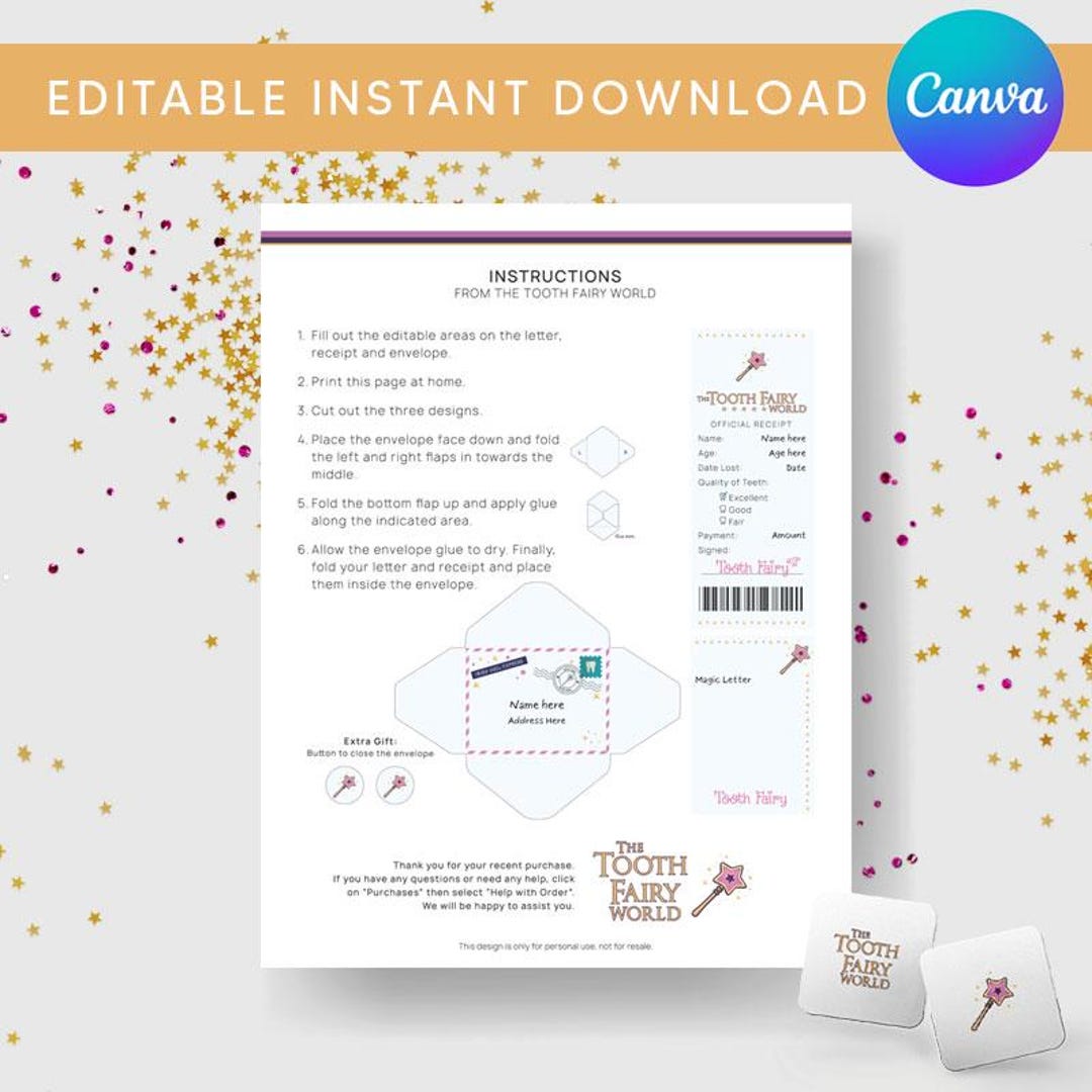 Printable Tooth Fairy Set, Instant Editable Tooth Fairy Letter, Tooth