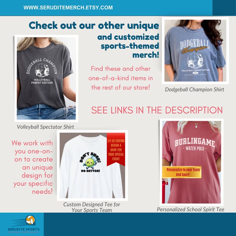 May include: A collection of custom designed t-shirts for sports teams. The shirts feature various designs, including a volleyball player, a dodgeball player, and a water polo player. The text on the shirts includes "Dodgeball Champion", "Volleyball Parent Edition", "Don't Suck! Do Better!" and "Burlingame - Water Polo".
