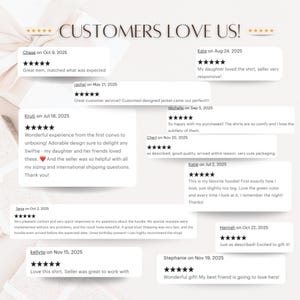 May include: Image featuring customer reviews with the text "CUSTOMERS LOVE US!". Reviews include star ratings and comments like "Great item, matched what was expected" and "Wonderful gift! My best friend is going to love hers!"