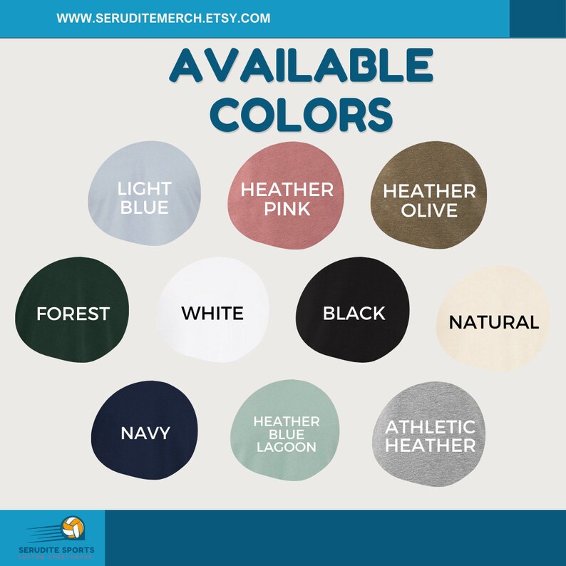 May include: A chart showing available colours for a t-shirt. The colours are: light blue, heather pink, heather olive, forest green, white, black, natural, navy, heather blue lagoon, and athletic heather.