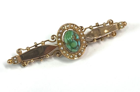 Victorian Turquoise Seed Pearl 14K Yellow Gold Br… - image 2