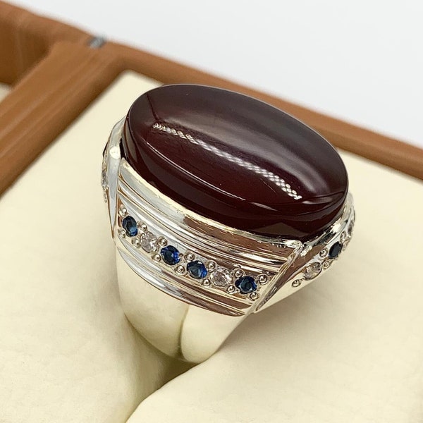 Jemenitischer Aqeeq Ring für Männer, natürlicher Achat Ring, 925 Sterling Silber Karneol Ring, handgefertigter Aqeeq Achat Ring