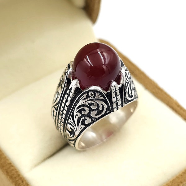 Yemeni Aqeeq Ring For Men, Natural Agate Ring, 925 Sterling Silver Carnelian Ring, Handmade Aqeeq Agate Ring