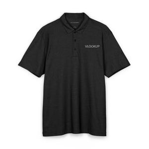 May include: Dark gray polo shirt with short sleeves and a collared neckline. The shirt features a three-button placket and the word "VLOOKUP" in white on the chest. The shirt is made of a soft, textured fabric.