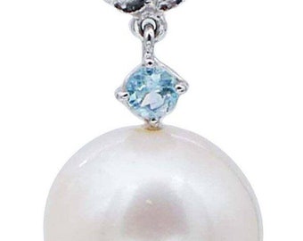 Platinum pendant earrings with white pearls, aquamarine and diamonds. Set of 2