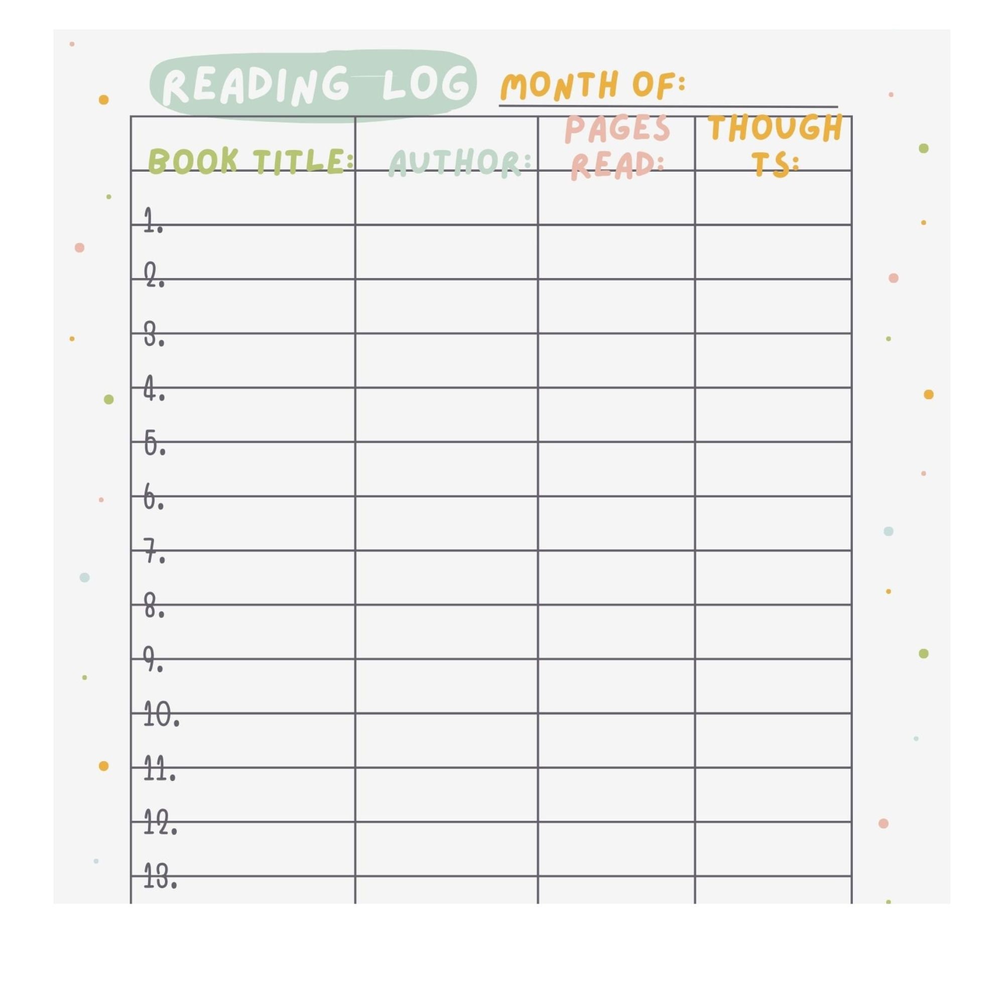 Reading log sheet template etsy