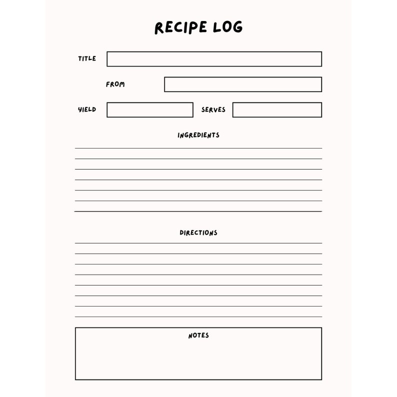 Recipe Log Sheet Template - Etsy