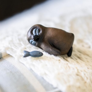 Mini Sleeping &quot;Pesto&quot; the Giant Penguin Chick (With 1 Fish!!) - Polymer clay sculpture, mini penguin sculpture, polymer clay charm